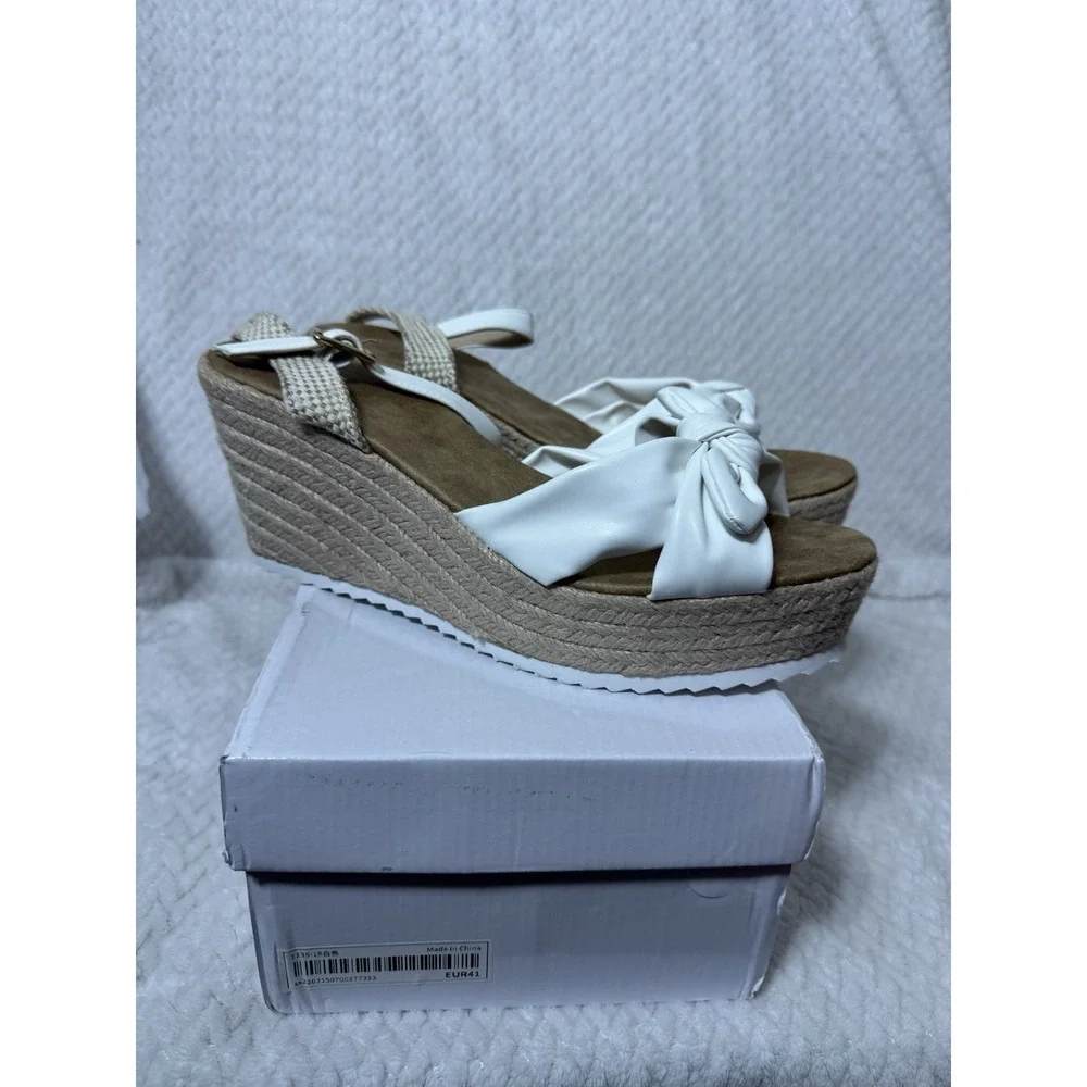 White Bow Espadrille Wedge Sandals Platform Ankle Strap Shoes EUR 41 Womens